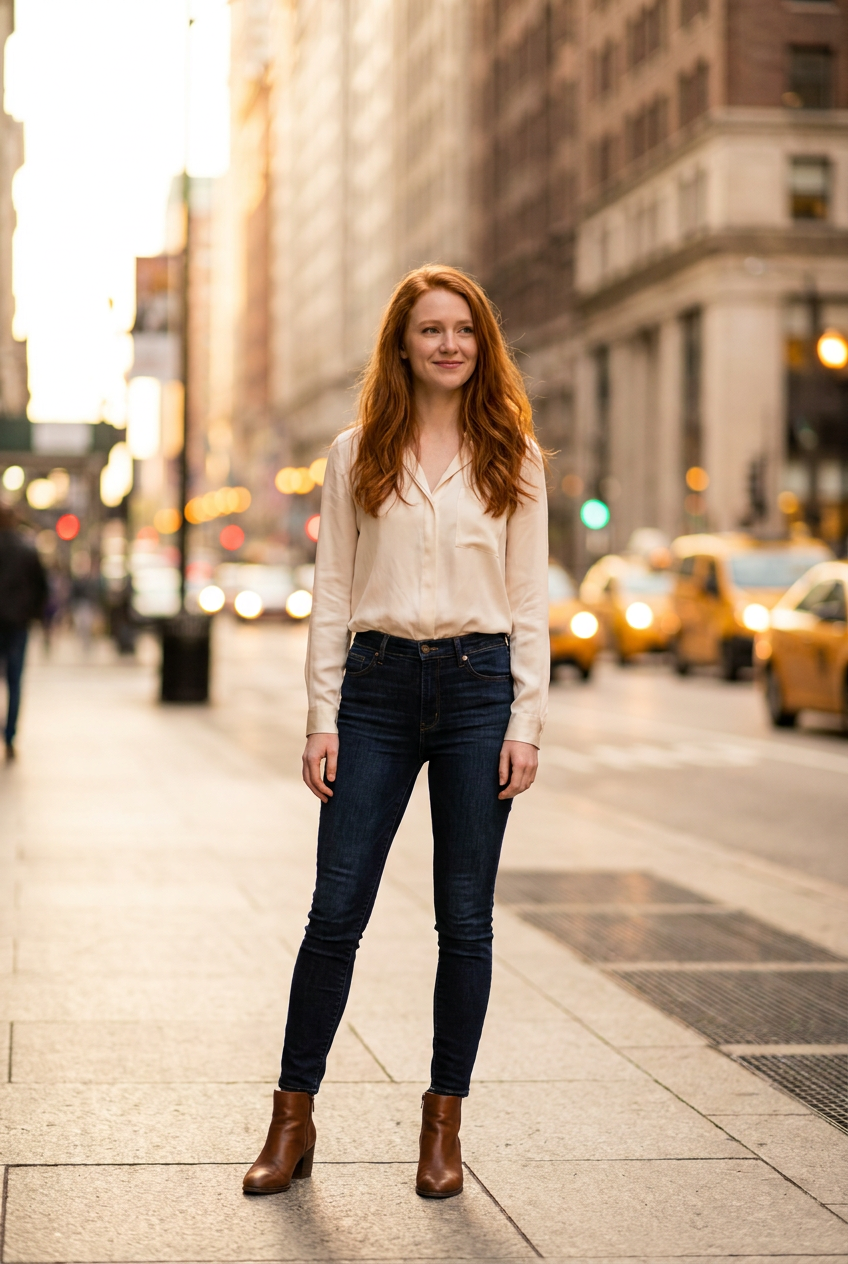 Kobieta w dopasowanych jeansach slim z ciemnego denimu